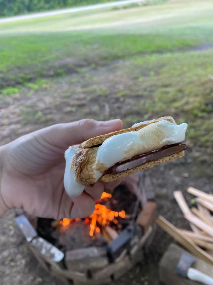 a person holding a sandwich over an open fire