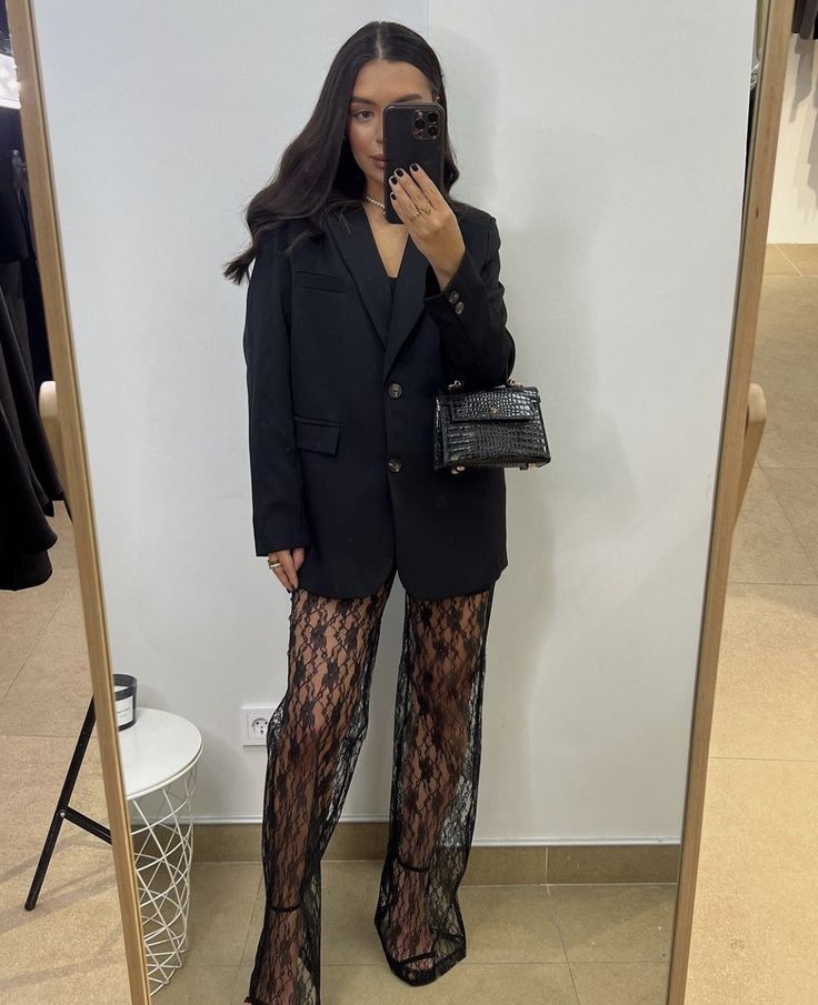 Sheer Pants Outfit Black, Black Lace Outfits, Autumn Party Outfit Night, Lace Pants With Blazer, Leather Suit Outfit, Lace Pants Outfit Classy, Corset Top Outfit Aesthetic, Chic Black Lace Bottoms, New Years Rave Outfit