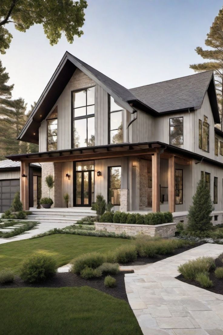 Modern two-story house with large windows, stone accents, and a manicured lawn. Two Tone Modern Farmhouse Exterior, Cozy Modern Home Exterior, Modern Cabin Home Exterior, Modern Farm Homes Exterior, Exterior House Colors With Metal Roof, Light Grey Barndominium Exterior, Exterior House Inspiration, Modern Farmhouse Exterior Color Palette, Farmhouse Exterior Colors Schemes