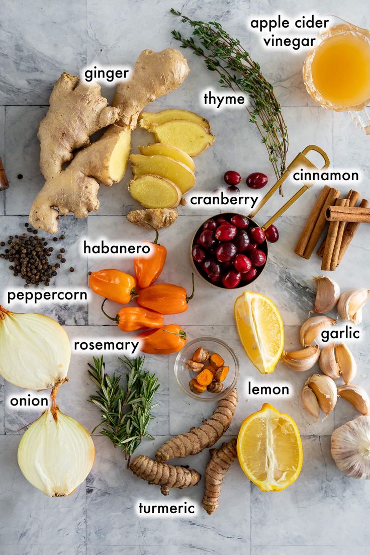 the ingredients for this recipe include lemon, cranberry, ginger, oranges, and other vegetables