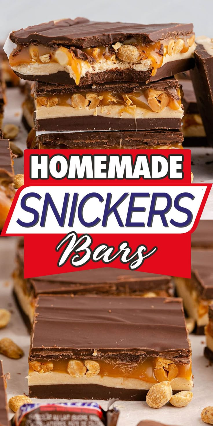 homemade snickkers bars stacked on top of each other with the words, homemade snickkers bars