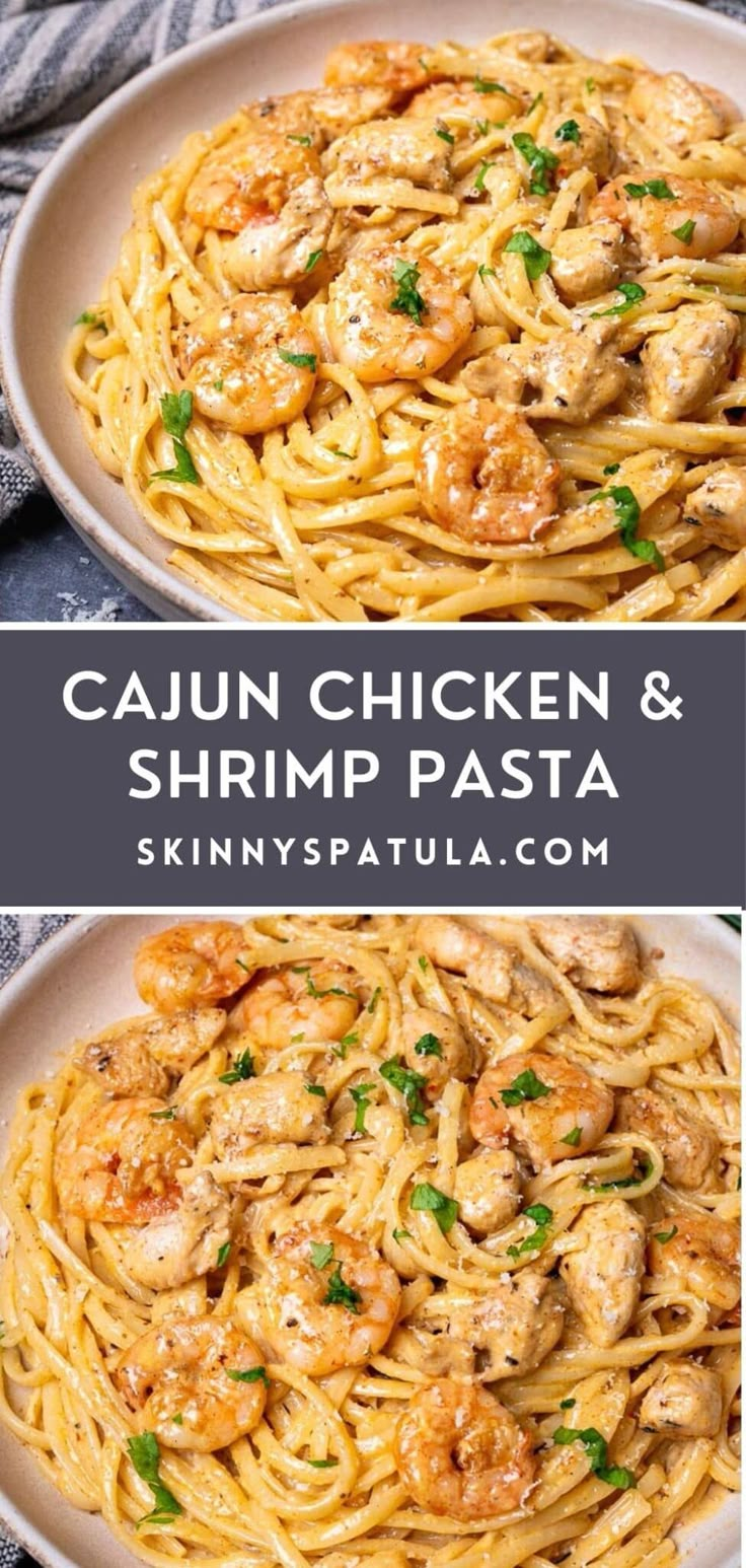 two plates of cajun chicken and shrimp pasta