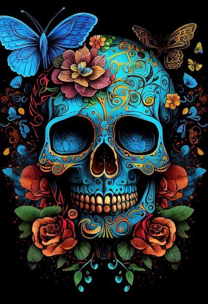 a blue skull with flowers and butterflies on it's head, in front of a black background