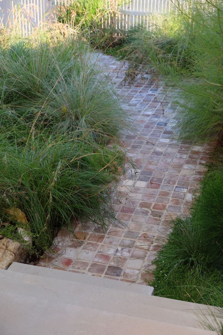 a brick path with green grass on the side