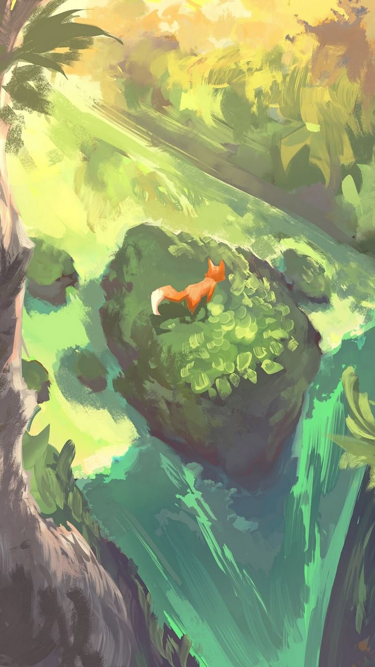 a painting of a fox laying on top of a lush green field next to a river