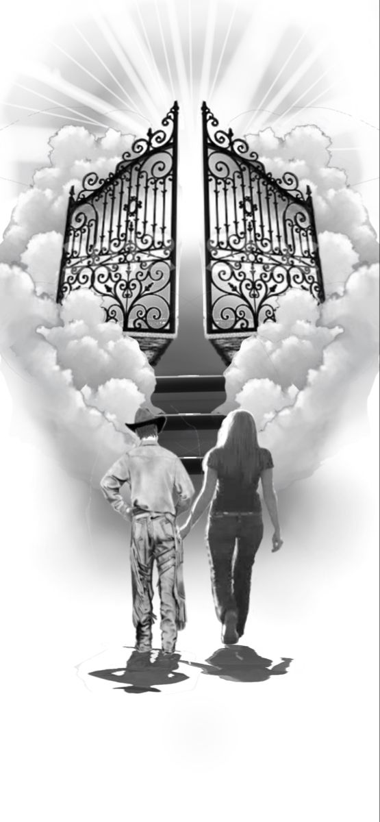 two people holding hands under an iron gate with clouds in the background and sunbeams above them