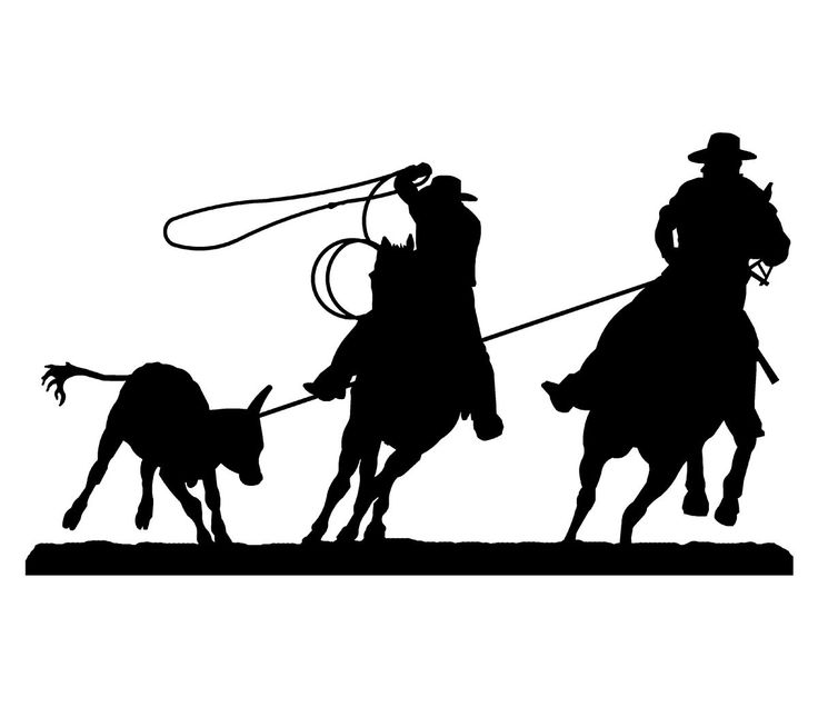 the silhouette of two cowboys on horses pulling a lasso with a dog behind them