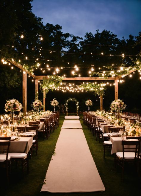 an outdoor wedding setup with white linens and greenery on the aisle, surrounded by string lights