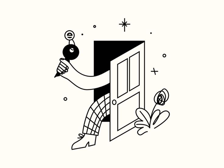 a black and white drawing of a person opening a door with an object in his hand