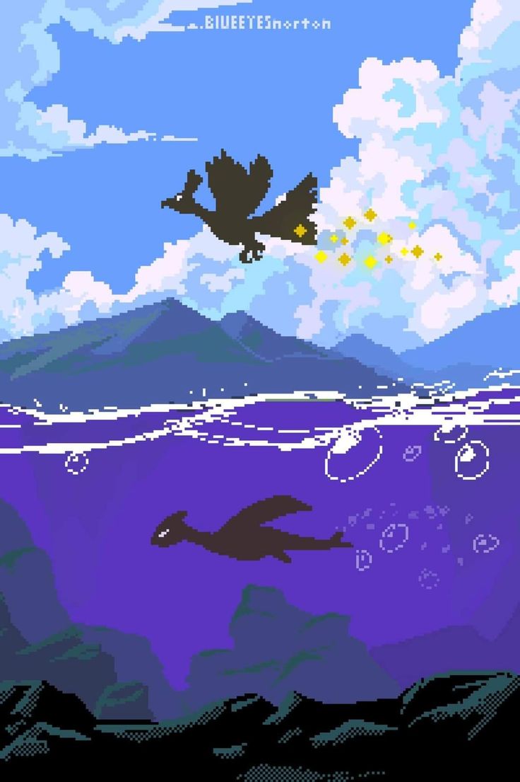 an image of a bird flying in the air over water with mountains and clouds behind it