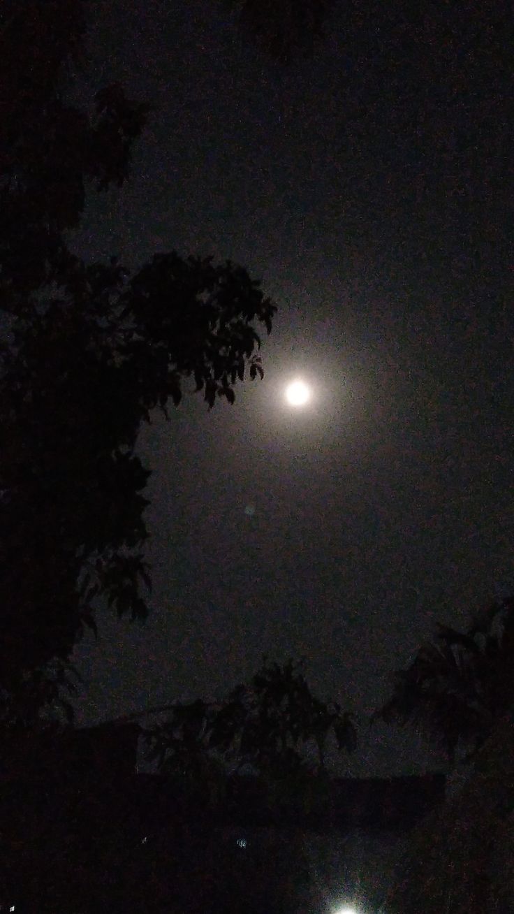 the moon is shining brightly in the dark sky