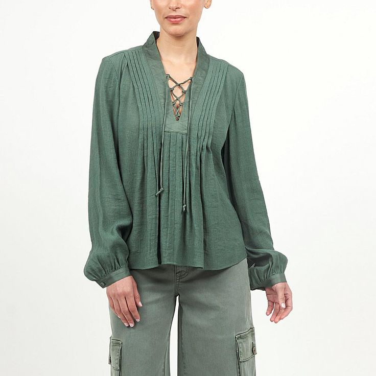 La Joie Micro Crepe Lace-Up Pleated Blouse   Soft pleats lend graceful movement to this lace-up V-neck blouse made from a lightly textured crepe fabric that feels very soft and drapes beautifully. From workday to weekend, you'll love the comfy chic style of this must-have design. Duck Green, Summer Moodboard, Graceful Movement, Crepe Material, Crepe Top, Comfy Chic, Pleated Blouse, Draped Fabric, V Neck Blouse