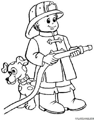 a coloring page with a fireman holding a hose and a dog on the leash