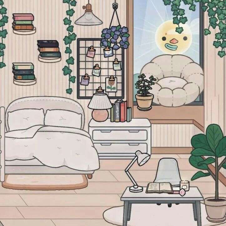 a room with a bed, desk and plants in it on the floor next to a window