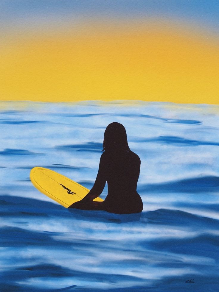 a painting of a person sitting on a surfboard in the ocean