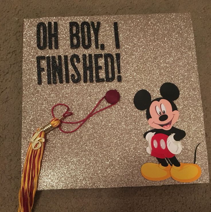 a mickey mouse graduation cap that says, oh boy i finished