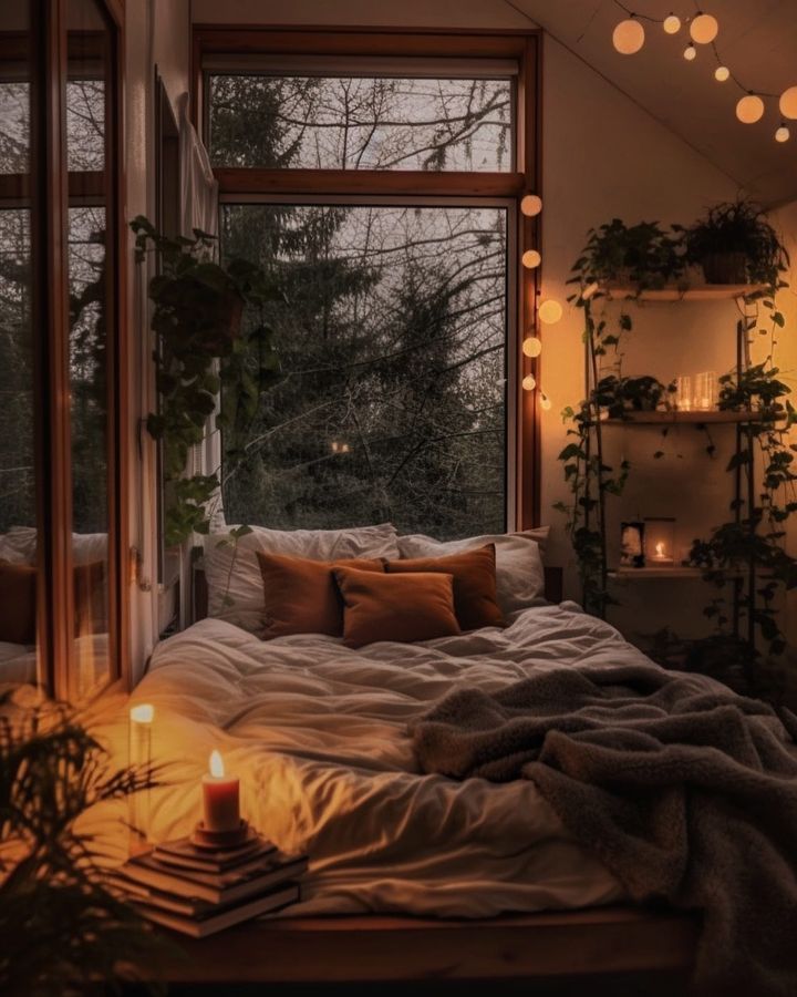 a bed with pillows and blankets in front of a large window filled with plants, candles and books