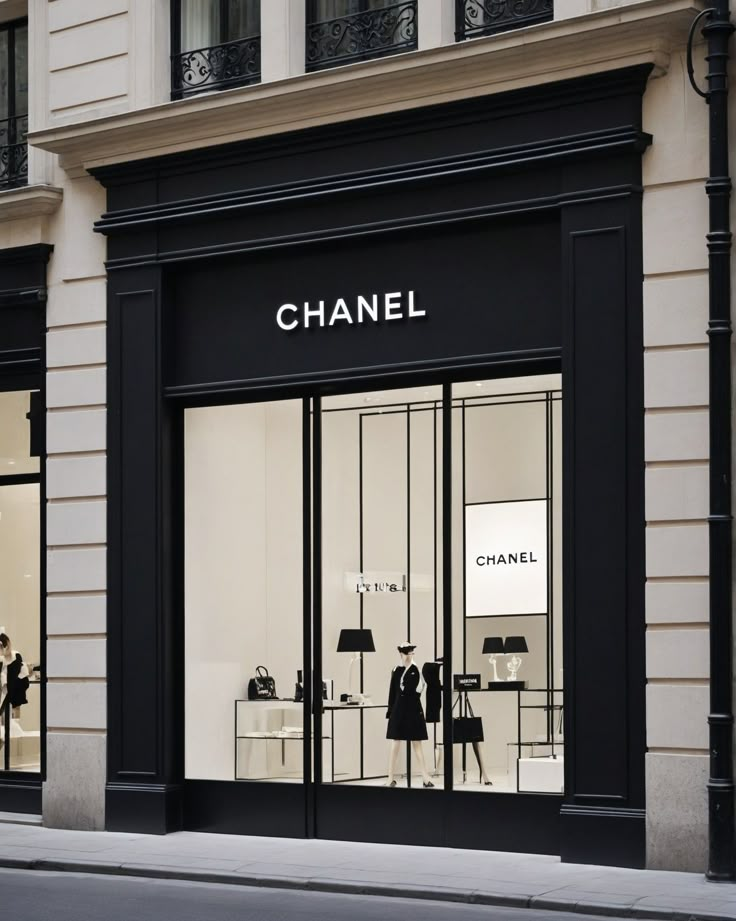 a chanel store front with mannequins in the window