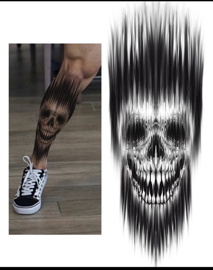 a person with black and white tattoos on their legs next to an image of a skull