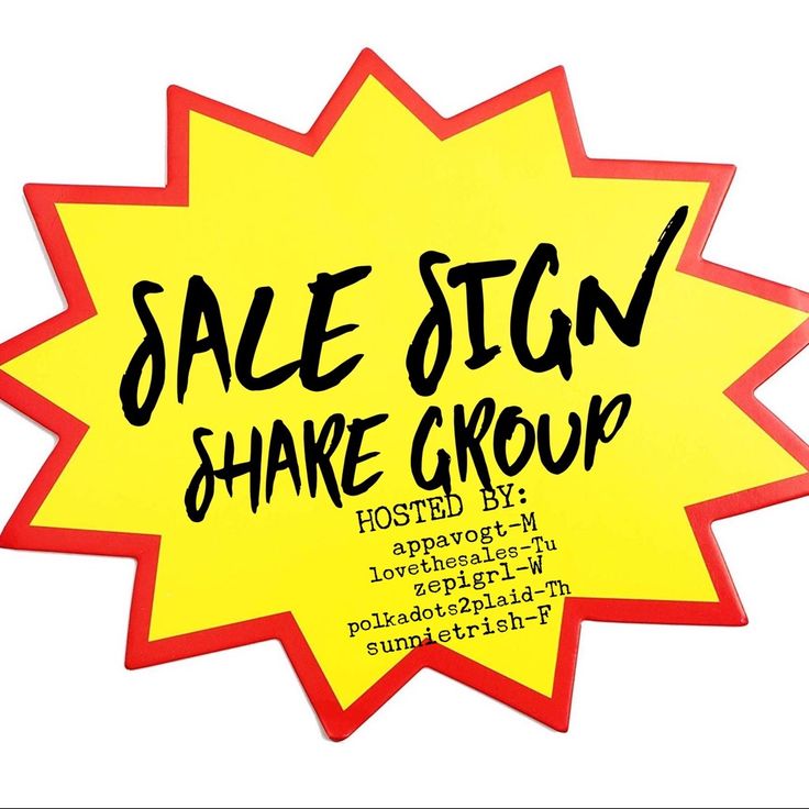 a yellow sticker with the words sale sign share group written in black on it