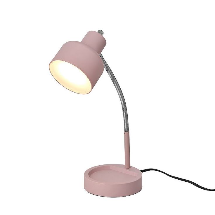 a pink table lamp with a white light on it's side and a cord attached to the base