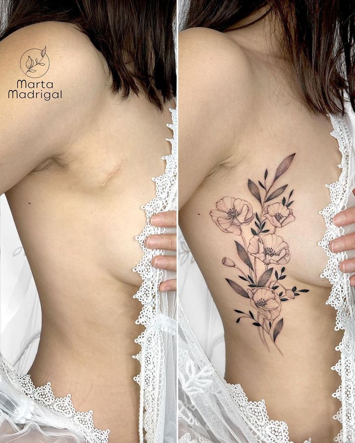 two pictures of a woman's back with flowers on it