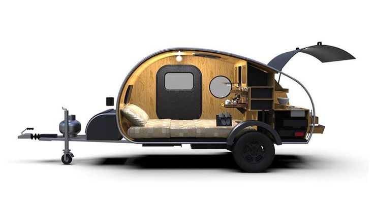 an image of a small trailer that is made out of wood and has a bed in the back