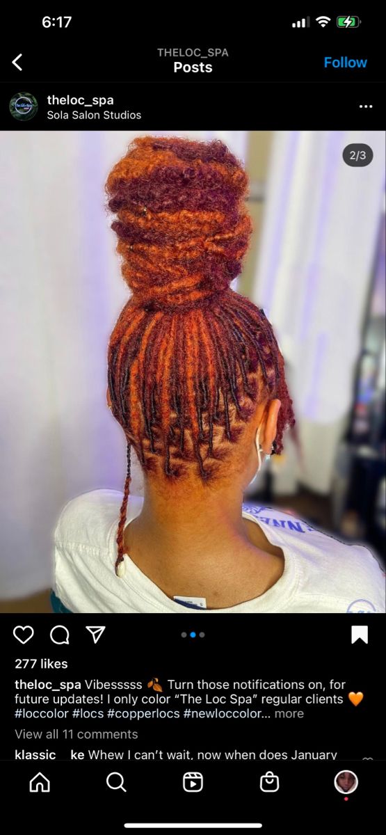 Dreadlock Hairstyles Long Hair, Fun Loc Colors, Red And Orange Locs Black Women, Loc Colored Tips, Lock Color Hair, Ginger Locs With Blonde Skunk Stripe, Burgundy And Burnt Orange Locs, Dreads With Color Black Women, 2 Tone Loc Color