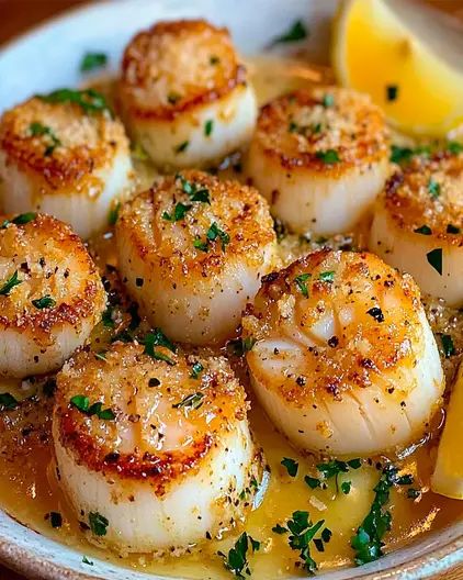 a white plate topped with scallops and lemon wedges