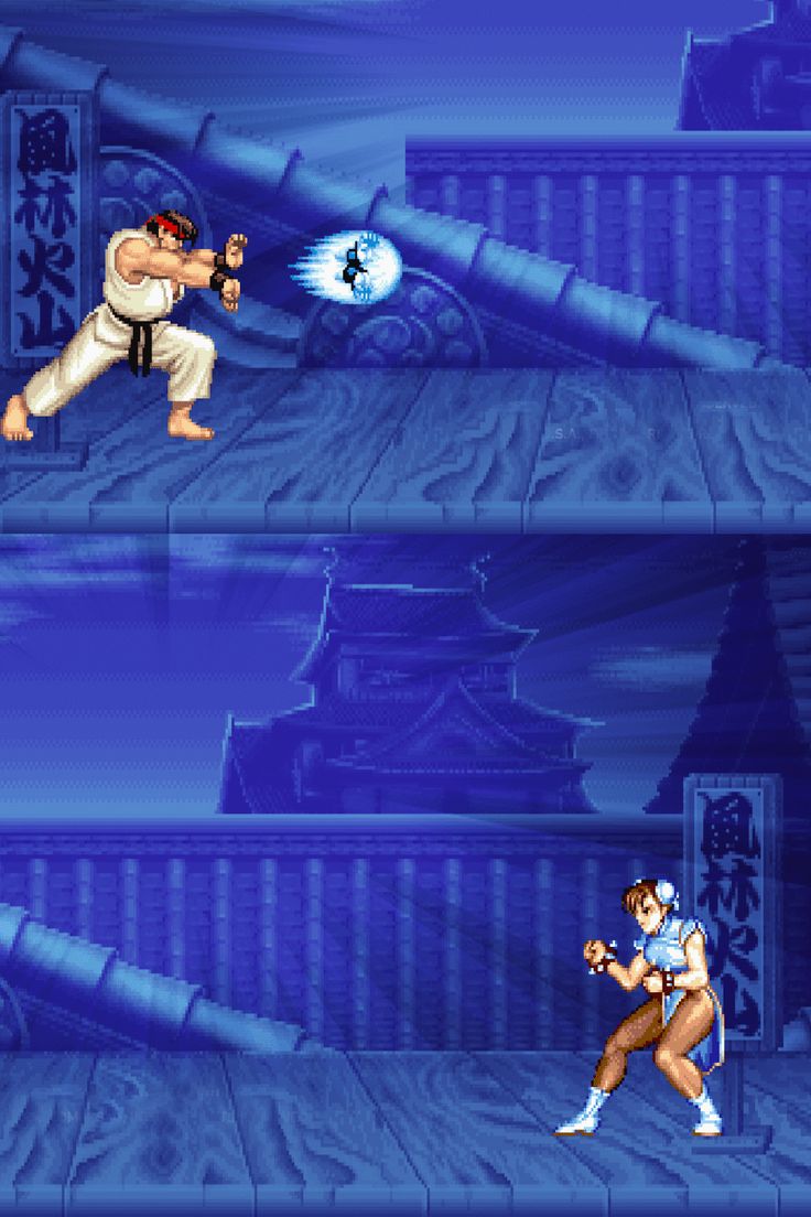 two screens from the game street fighter 2, one in action and another in motion