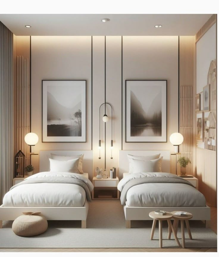 two white beds in a room with pictures on the wall and lamps hanging above them