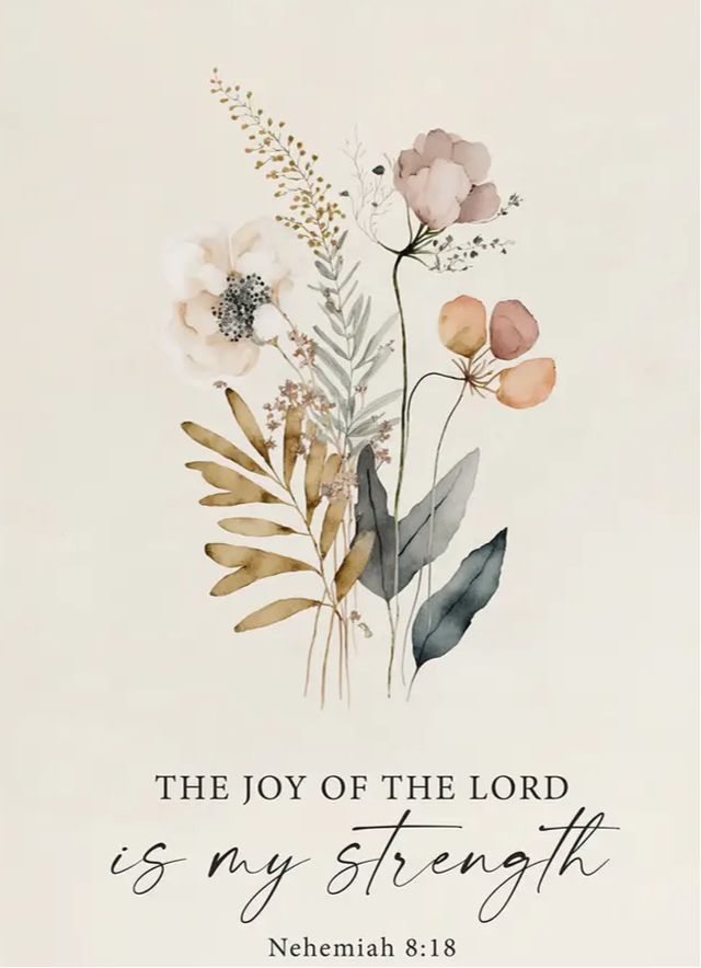 the joy of the lord is my strength with flowers and leaves on white paper background