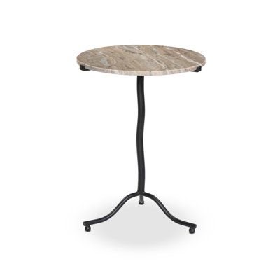 a small table with a marble top and black metal base on an isolated white background