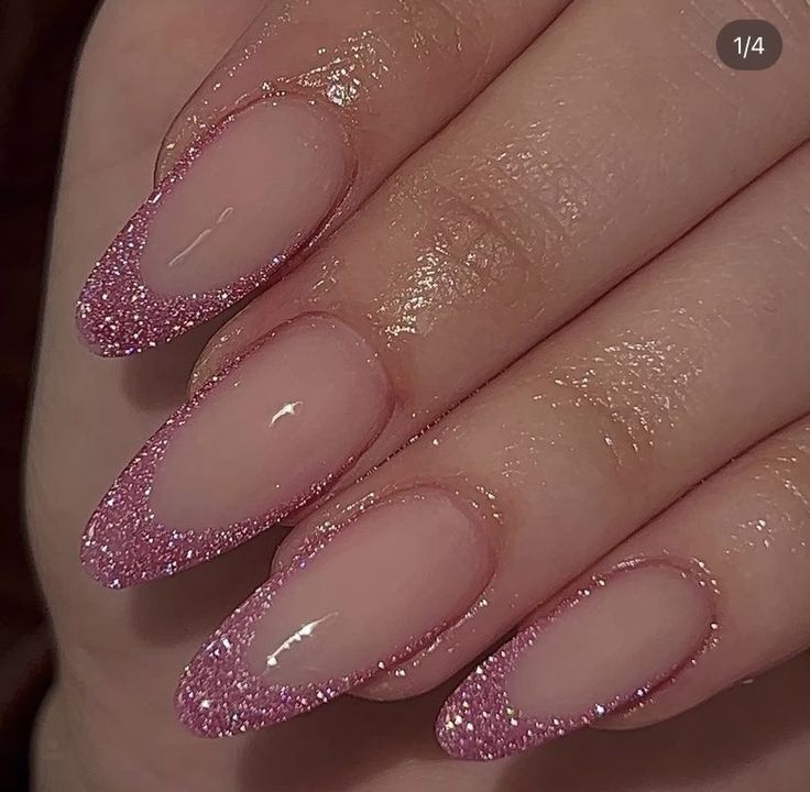 Glitter French Tips Acrylics Almond, Glitter Tips Almond Nails, Almond French With Glitter, Almond Glitter French Tip Nails, Pink Glitter French Tips Almond, Pink Bday Nails Almond, Nail Inspo Pink Almond, Almond French Tip Nails With Glitter, Pink Prom Nails Almond