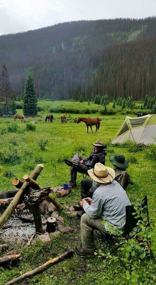 people sitting around a campfire with horses in the background