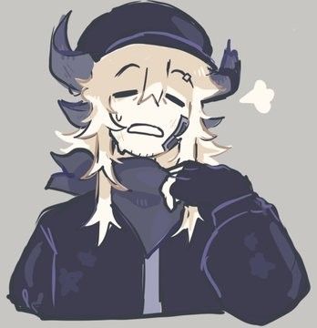 a drawing of a man with horns on his head wearing a black jacket and hat