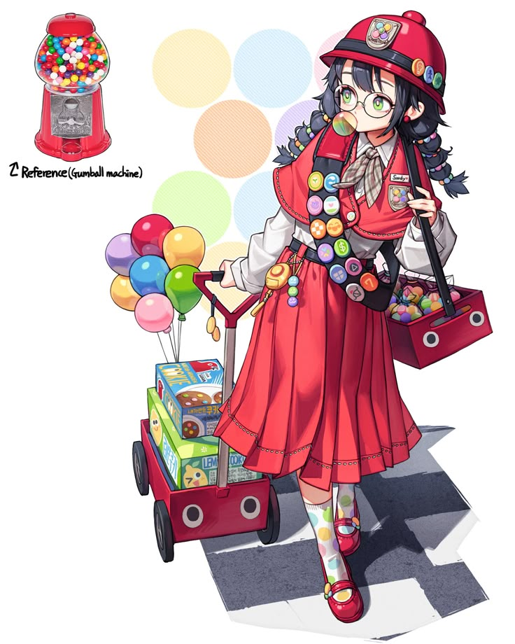 an anime character is pulling a cart with balloons and candy on the back, while holding onto a red handbag