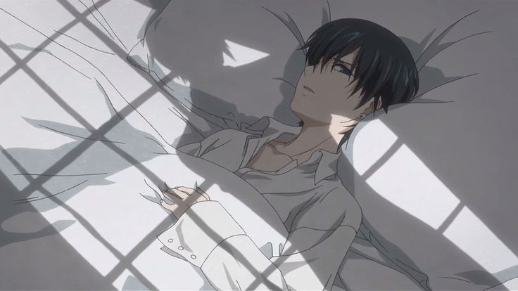 an anime character laying in bed with his shadow on the wall