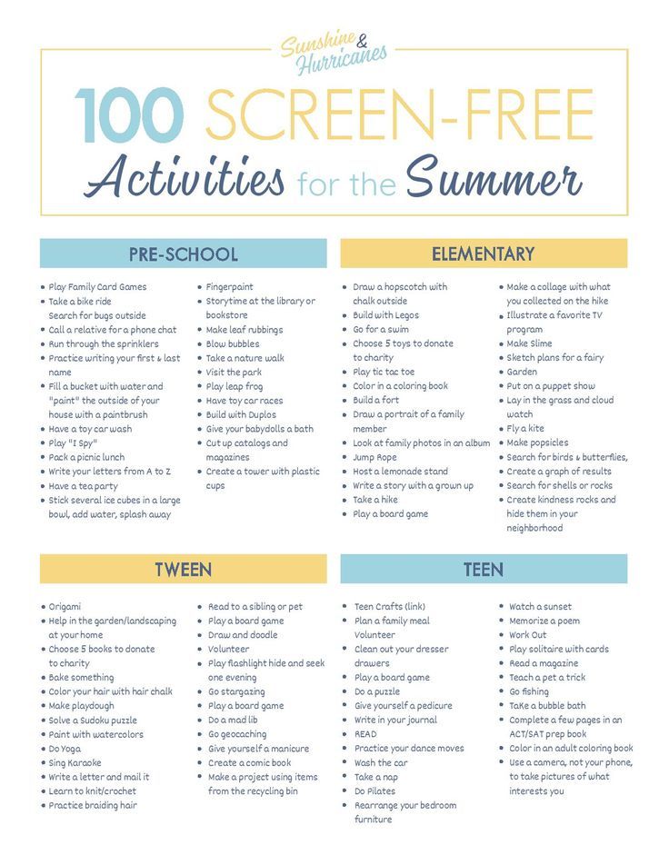 the 100 screen - free activities for the summer is shown in this printable list