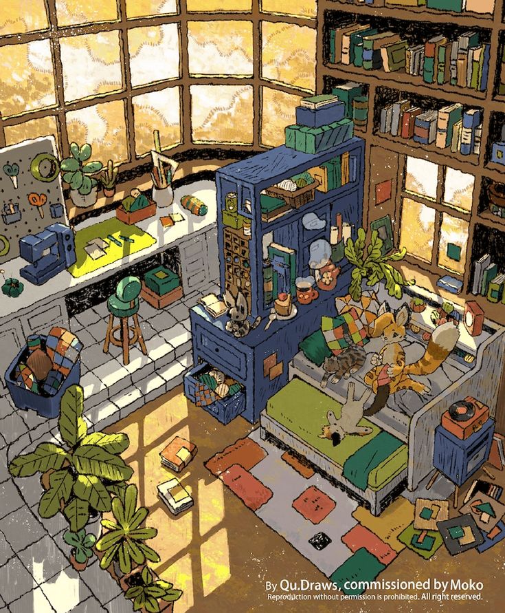 an illustrated image of a living room filled with furniture