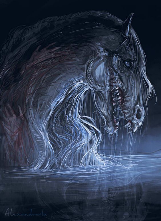 a horse is standing in the water with its mouth open and it's head sticking out