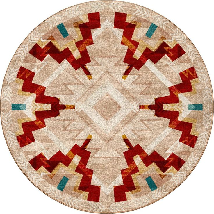 a round rug with an abstract design in red, beige and blue colors on it