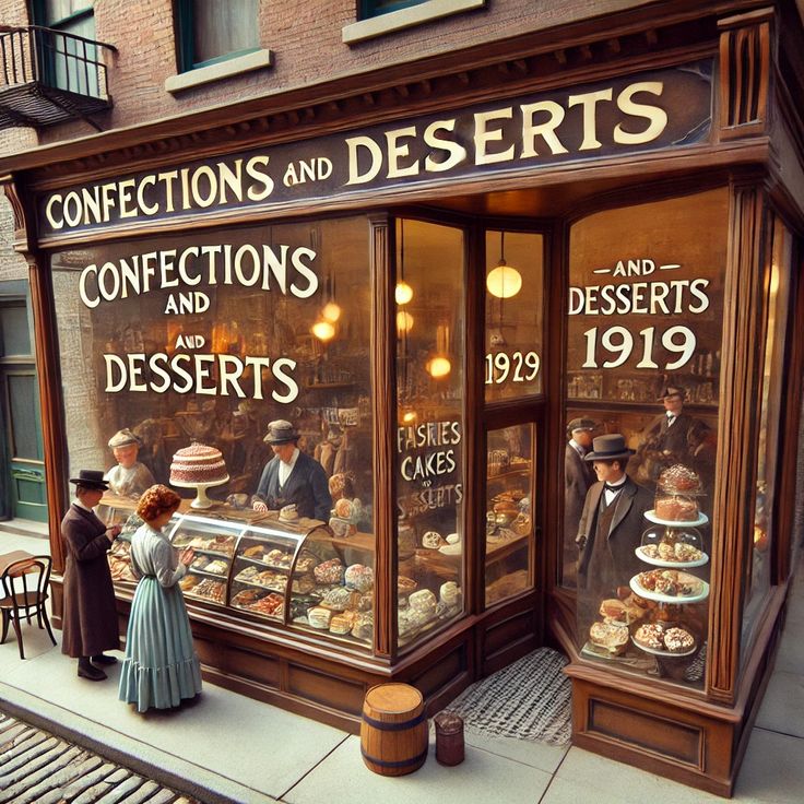 an old fashioned bakery with many pastries on display in the window and people standing outside