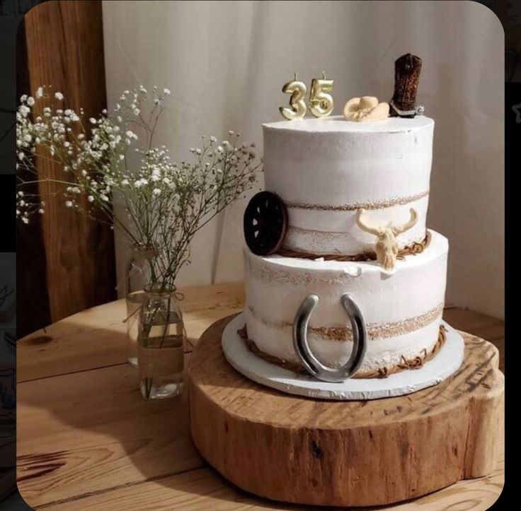 a three tiered cake sitting on top of a wooden table