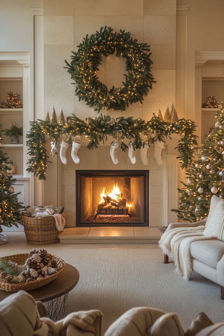 a living room decorated for christmas with stockings on the fireplace and stockings hanging from the mantle