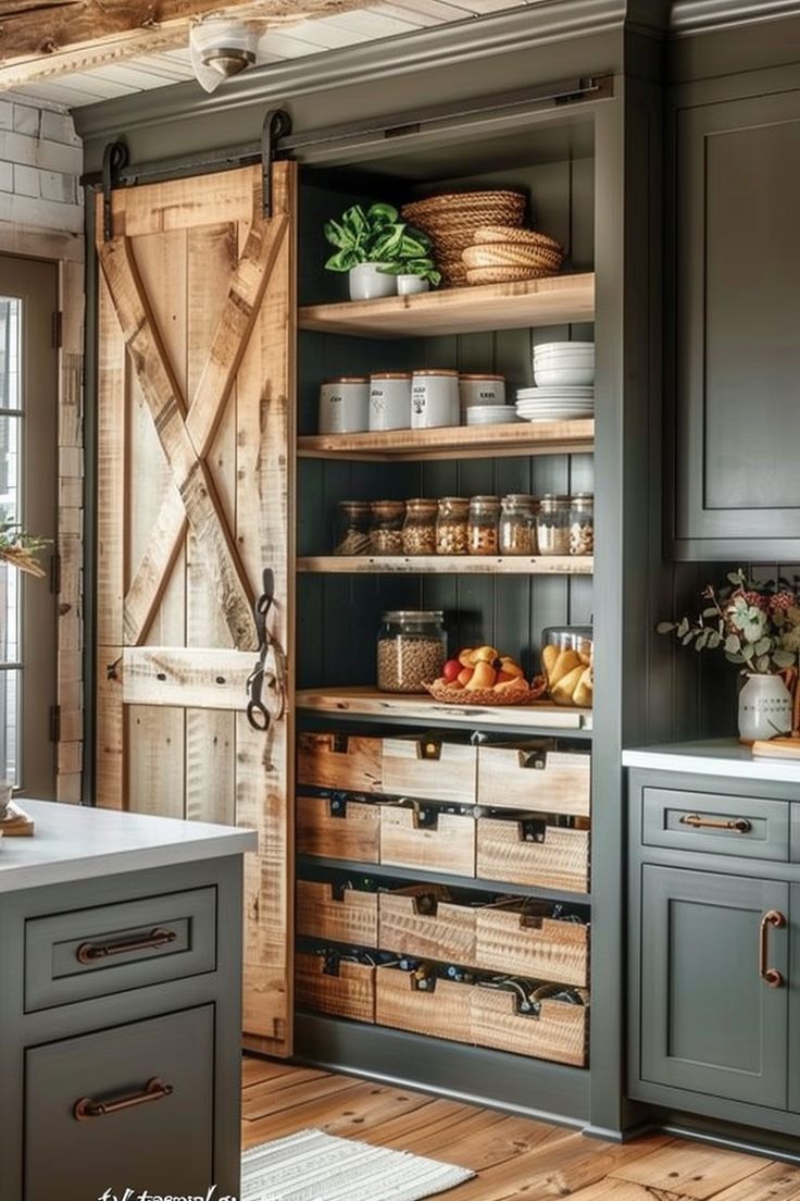 an open pantry with lots of drawers and baskets on the shelves in front of it