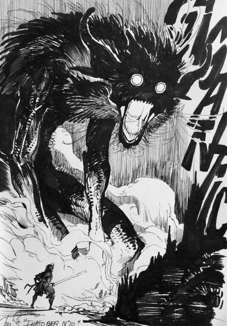 a black and white drawing of a monster attacking another creature