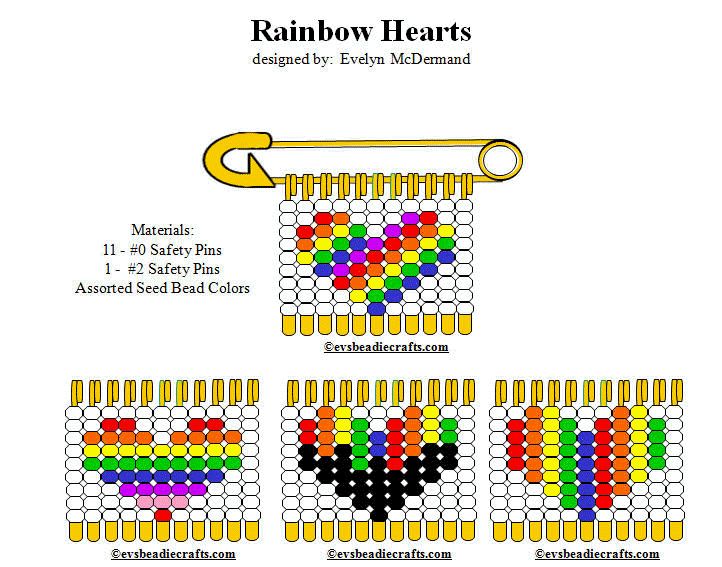 the rainbow hearts pattern is shown in four different colors and sizes, with instructions to make it