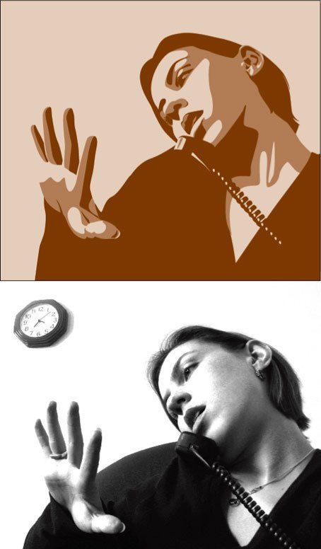 two different pictures one with a man talking on the phone and another with a clock