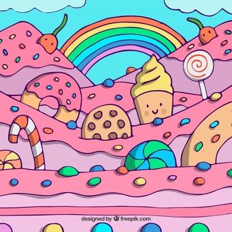 a cartoon scene with donuts and candy land